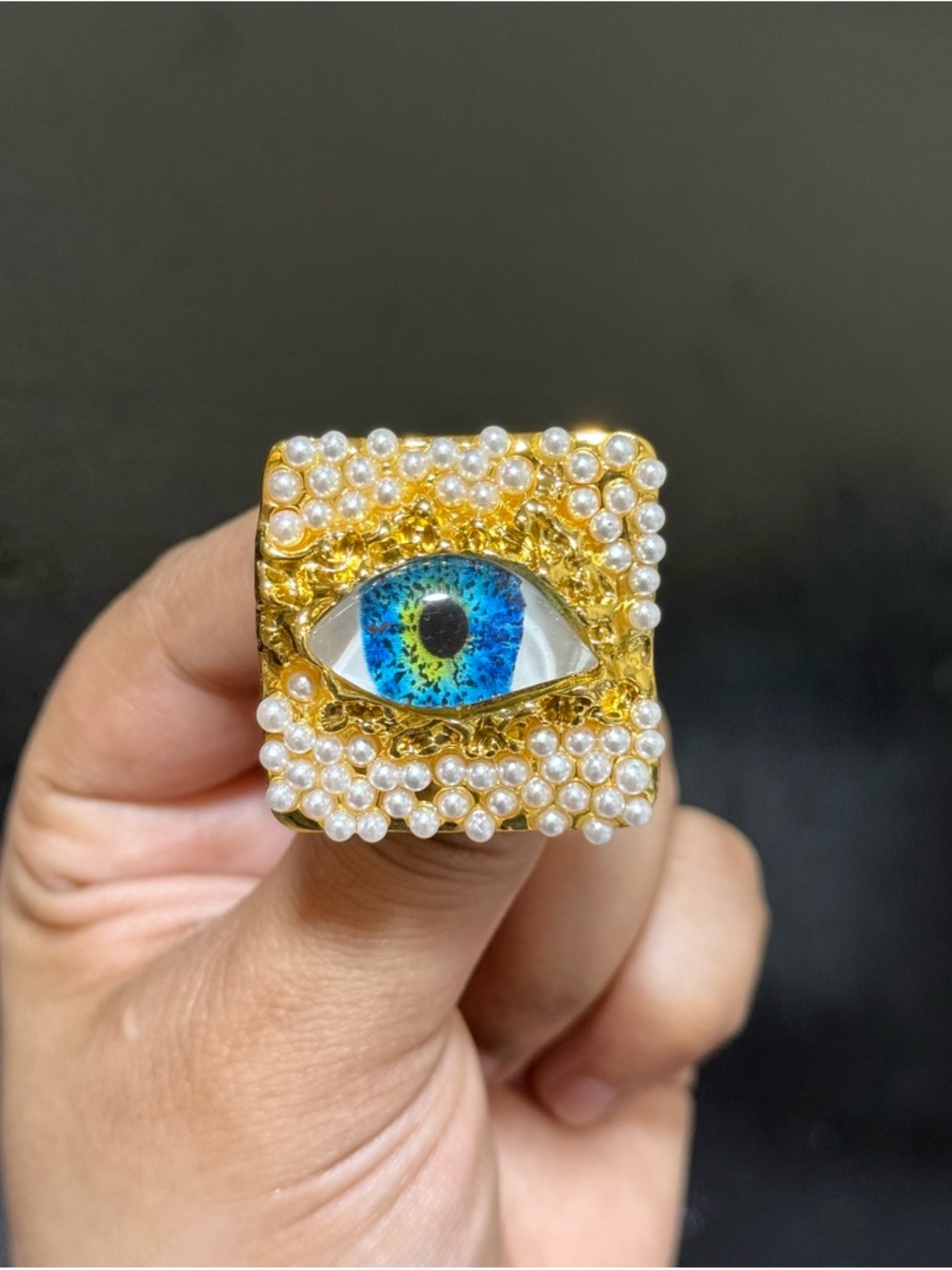 Schiaparelli Inspired Gold Pearl Square adjustable Ring with Blue Eye Accent